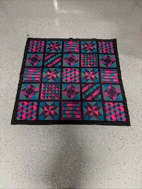 Handmade Hand Quilted Patchwork Quilt in Pink, Teal & Black